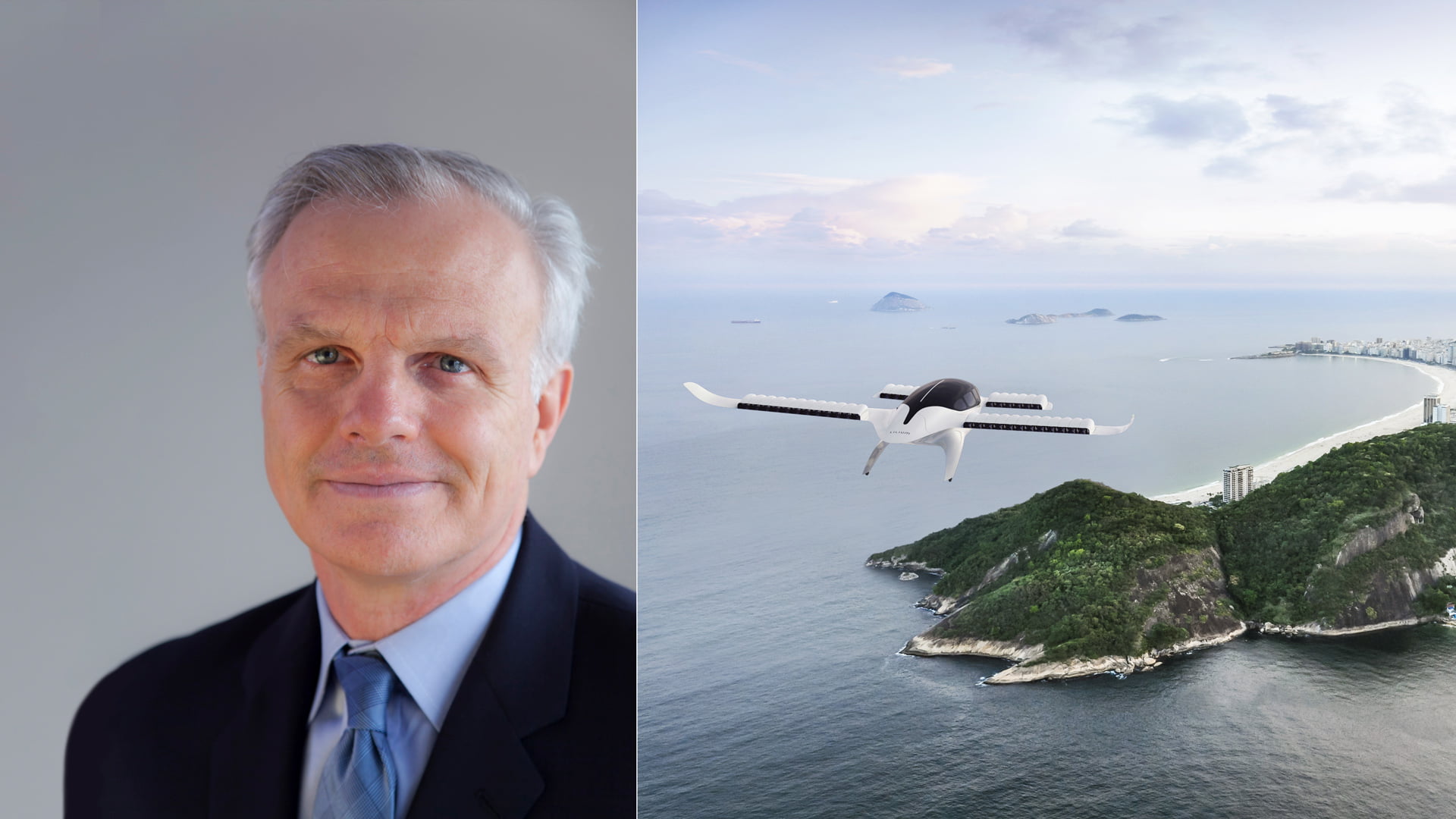 David Neeleman pictured next to a render of the the Lilium Jet flying into Rio